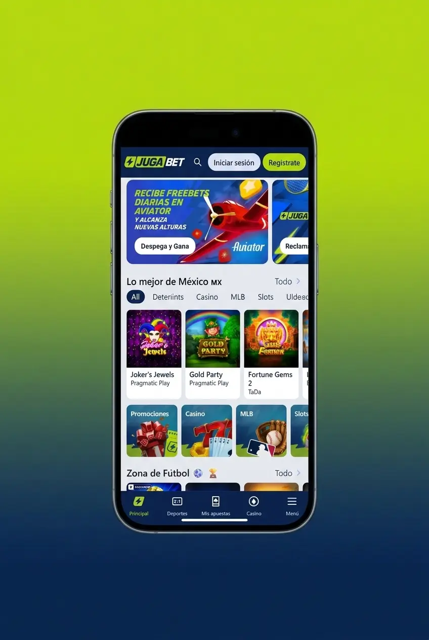 Pantalla de registro en la app Jugabet con opciones por correo, teléfono o red social para crear cuenta en México