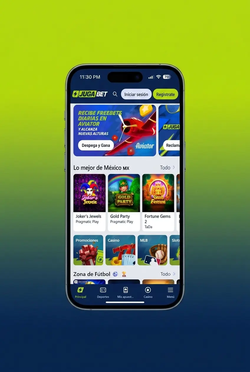 Pantalla de registro en la app Jugabet con opciones por correo, teléfono o red social para crear cuenta en México