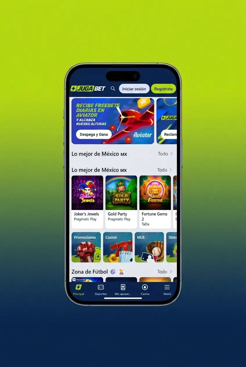 Registro en app Jugabet: botón de registro, métodos de acceso y formulario con datos personales para crear cuenta en México.